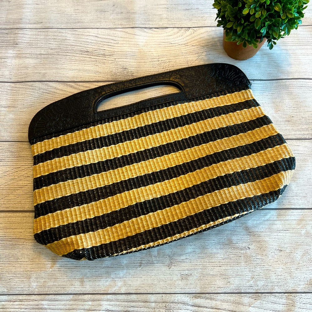 Volcom Black and Tan Striped Straw Clutch